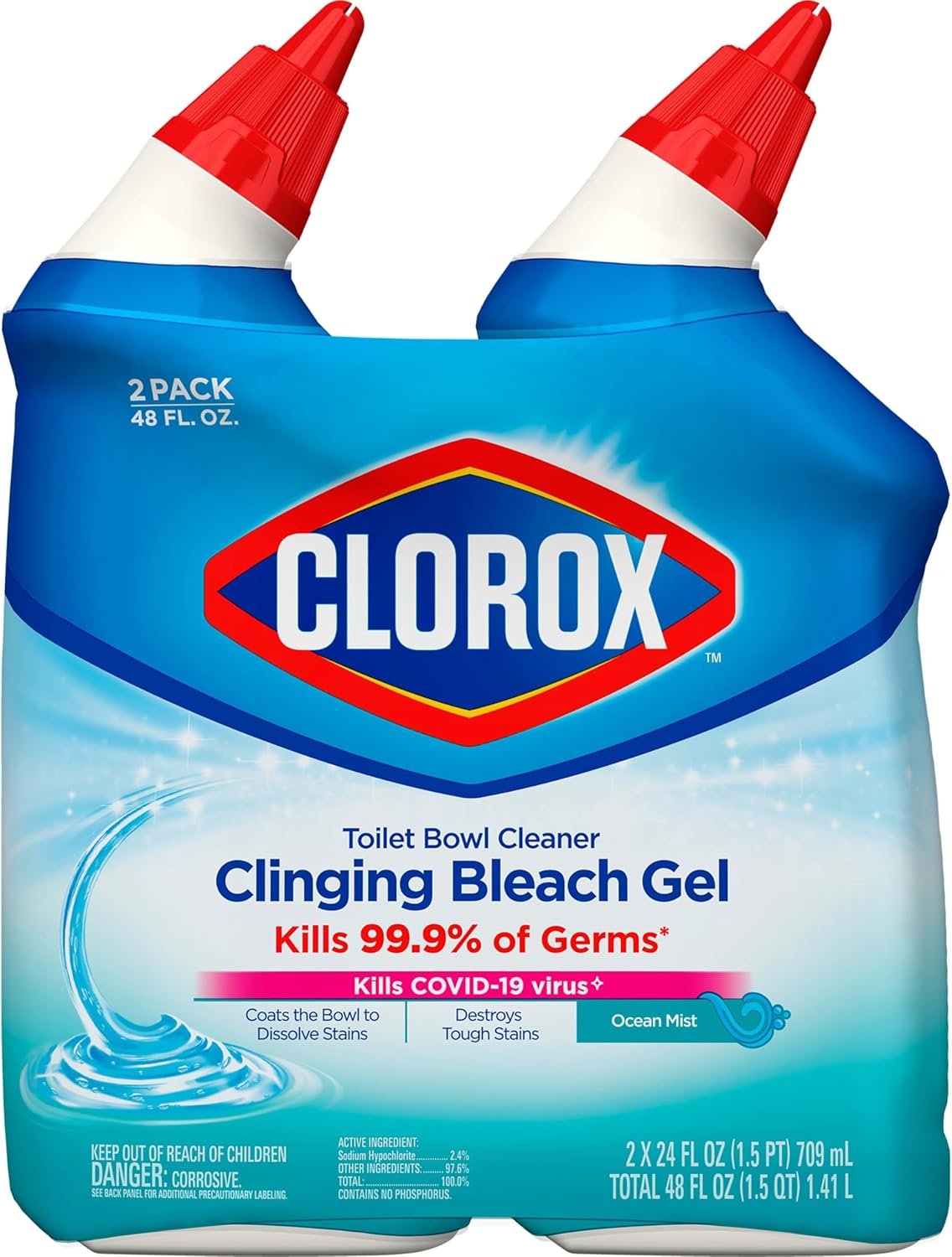 Toilet Bowl Cleaner, Clinging Bleach Gel, Ocean Mist, 24 oz, 2-Pack C6164