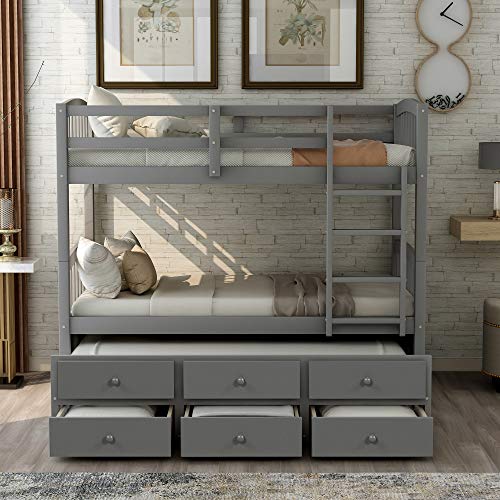 Twin Over Twin Bunk Bed with Storage Drawers and Trundle, Solid Wood Frame F2716