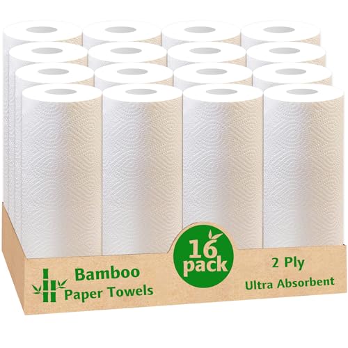 Bamboo Paper Towels16Rolls Strong&Highly absorbent, Tree Free, Earth Friendly, Eco Friendly,Sustainable Kitchen Paper Towels, 2-Ply,Strength for all messes,Cleanups,and Meal prep.