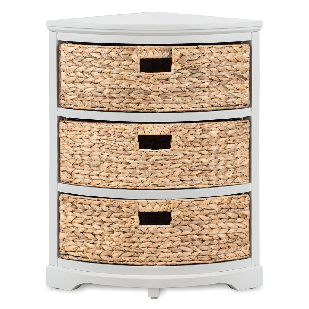 3 Tier Corner Storage Cabinet with 3 Wicker Baskets, White O675866