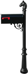 QualArc Lewiston Equine Post System with E1 Economy Mailbox, Mounting Plate, Fluted Base and Horsehead Finial - Black