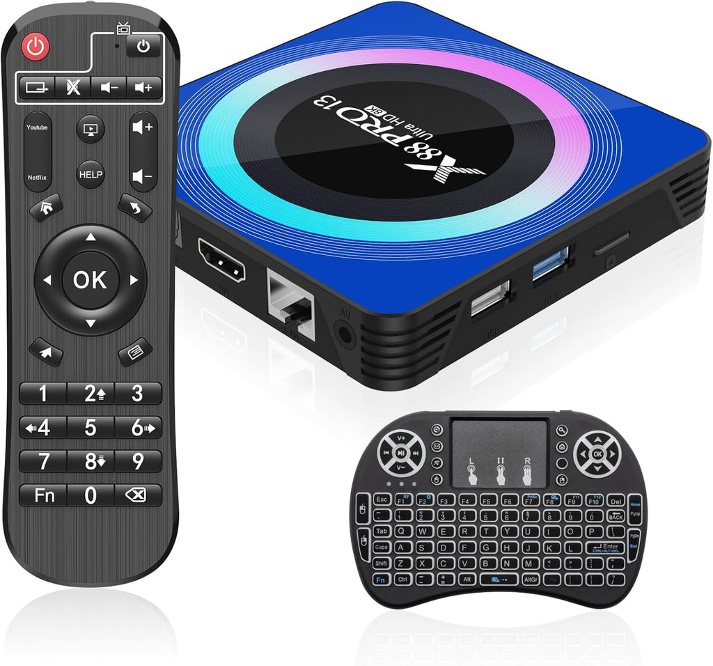 Android 13.0 TV Box, 6K 8K Android Box with 4GB RAM 64GB ROM RK3528 Quad-Core Support WiFi6 2.4Ghz/5.0Ghz HDR10 BT 5.0 H.265 USB 2.0 3.0 3D Ethernet with Mini Backlit Keyboard