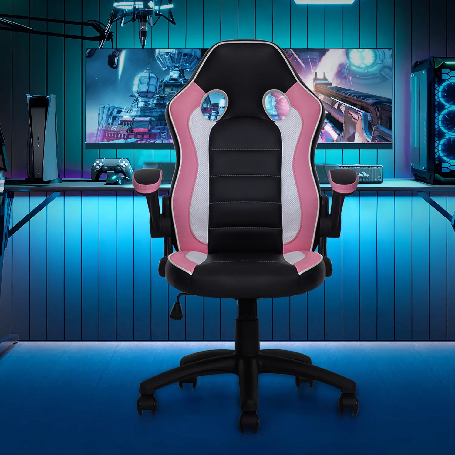 PU Leather Gaming Chair with Flip-Up Arms, Black/Pink J799741