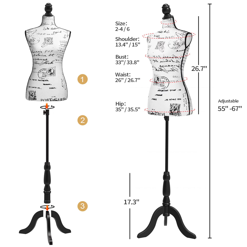 Dress Form Mannequin Body Torso with Wooden Tripod Base Stand Y5677