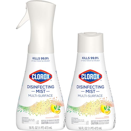 Clorox Disinfecting Mist, Lemon and Orange Blossom, Household Essentials, 1 Spray Bottle and 1 Refill, 16 Fl Oz Each