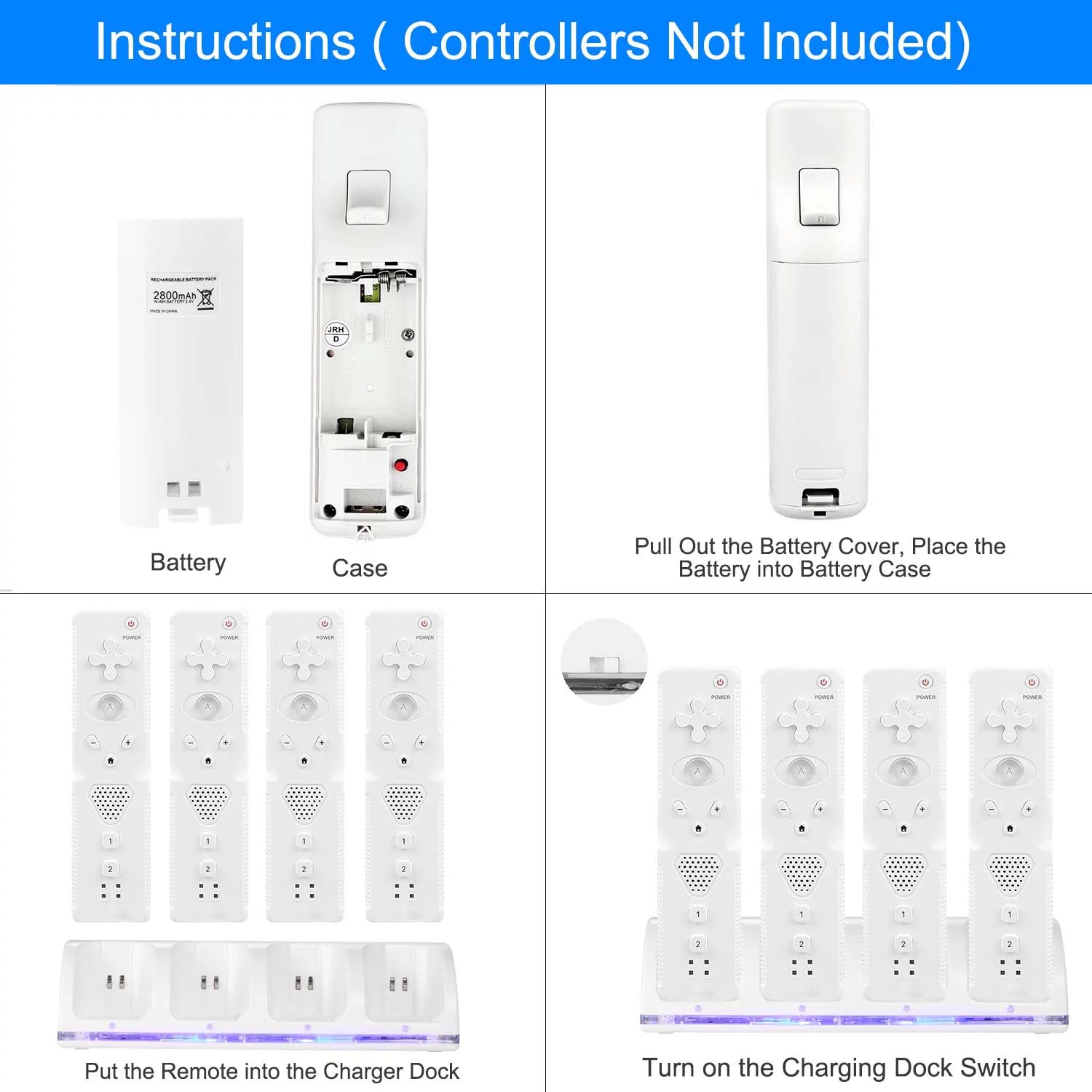 4 Remotes Charging Dock Game Controller Charger for Wii White N3112