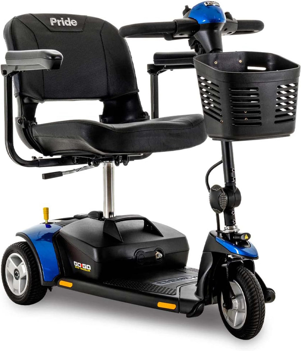Pride Mobility Go-Go Elite Traveller 3-Wheel SC40E 12AH, Indoor & Outdoor Travel Electric Mobility Scooter w/Red & Blue Shroud Inserts for Adults, 300 lbs. WC, Up to 4 MPH, 7.25 Range Per Charge