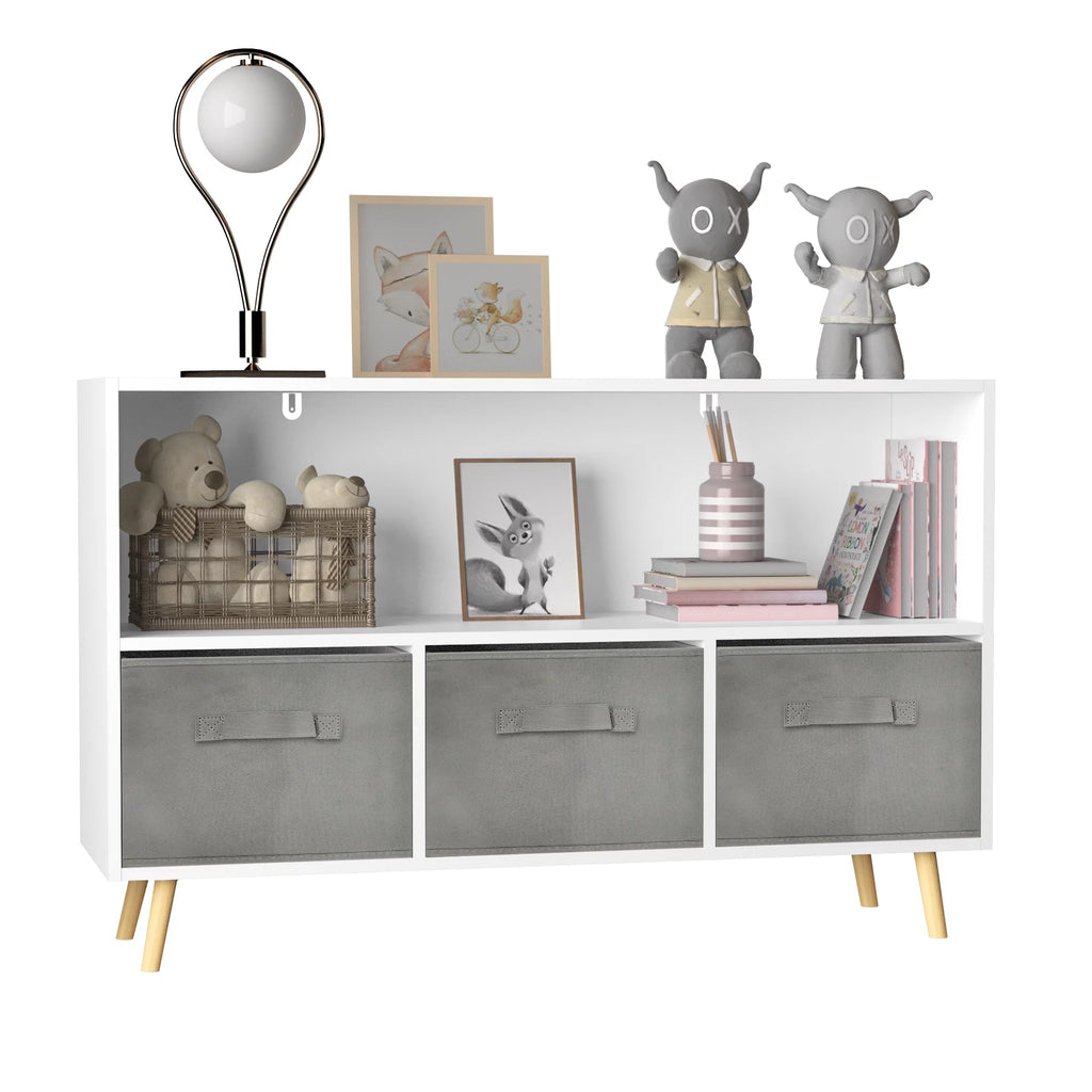Swonuk Kid's Cubby Toy Storage Cabinet Bookcase Toy Storage Cabinet with Collapsible Fabric Drawers for Organizing Toys and Books in Playroom, Nursery or Children's Room，White