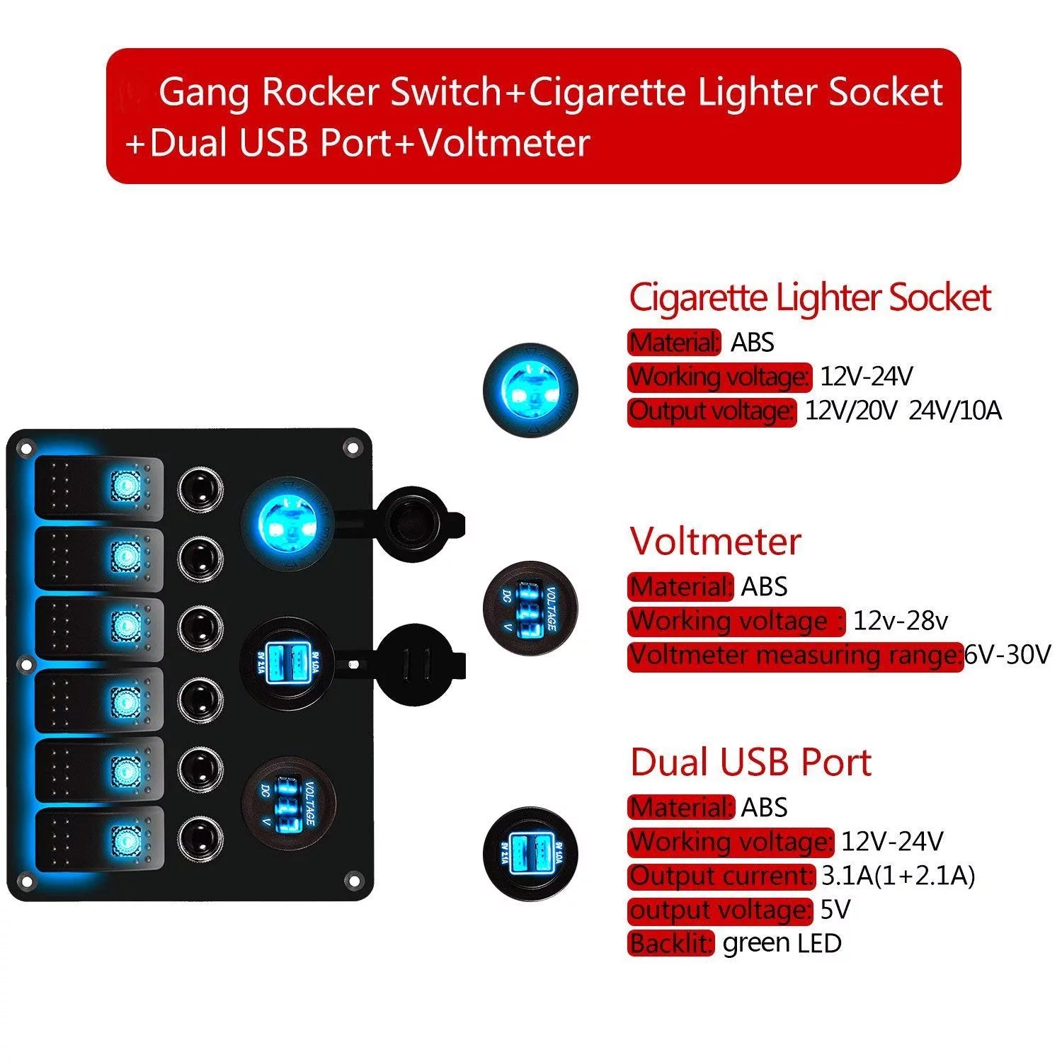 6 Gang LED Rocker Switch Panel Dual USB Waterproof Voltmeter A676370