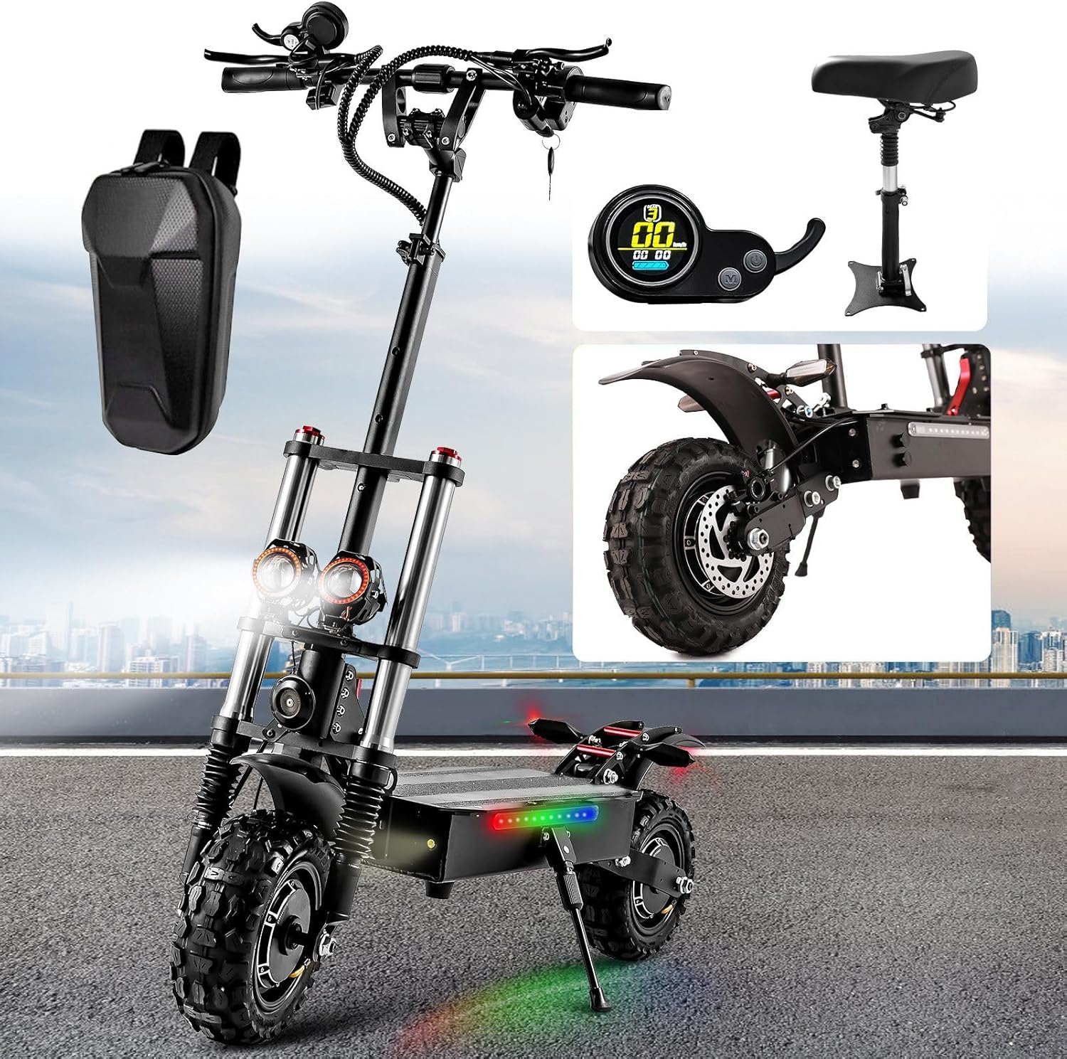 5600W Electric Scooter Adults With Seat - Offroad Electric Scooter Up to 50MPH & 60+Miles Range Fast Electric Scooters,60V 35Ah Electric Scooter for Adults Commuter Foldable Scooter with 11''Fat Tires