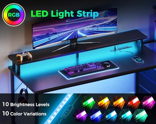 Gaming Desk with USB Charging Ports and LED Light T9380