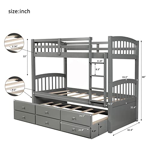 Twin Over Twin Bunk Bed with Storage Drawers and Trundle, Solid Wood Frame F2716