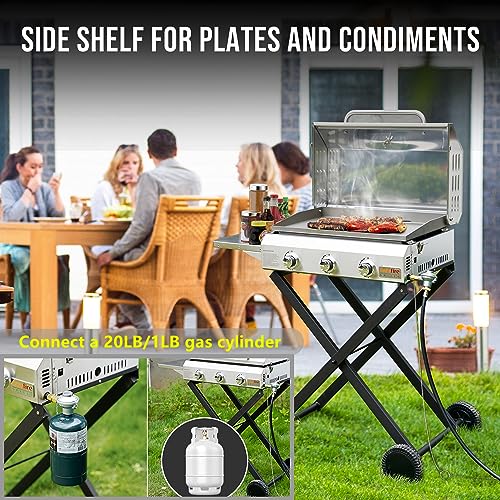 Portable Propane Gas Griddle 3-Burner with Foldable Cart and Side Table, Flat Top Grill Stove with Lid N3550