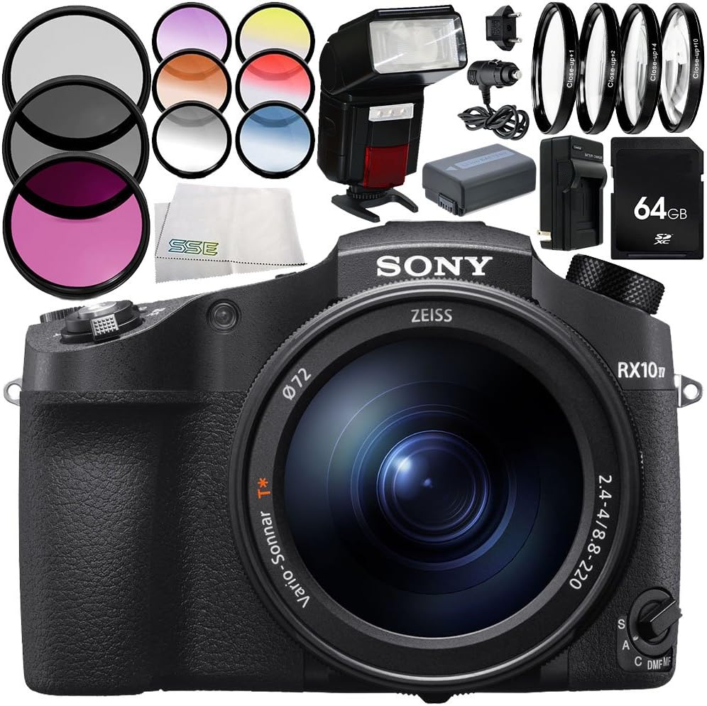 Sony Cyber-shot DSC-RX10 IV Digital Camera 9PC Accessory Bundle – includes 64GB SD Memory Card + 3PC Filter Kit (UV + CPL + FLD) + MORE