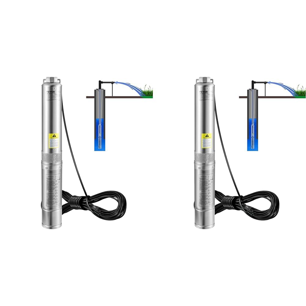 VEVOR Deep Well Submersible Pumps, 1HP 37gpm 207ft and 0.5HP 28gpm 167ft Head, 4" Stainless Steel Water Pumps